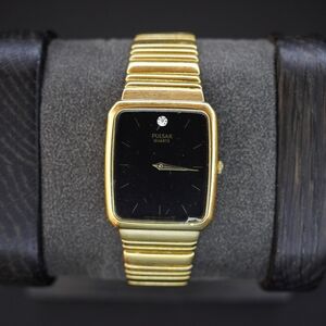 Vintage Pulsar V250-5430 Diamond & Black Dial Men's Quartz Wristwatch Gold Tone